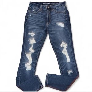 American Eagle Outfitters Women's Ripped Skinny Jeans in Dark Blue Wash